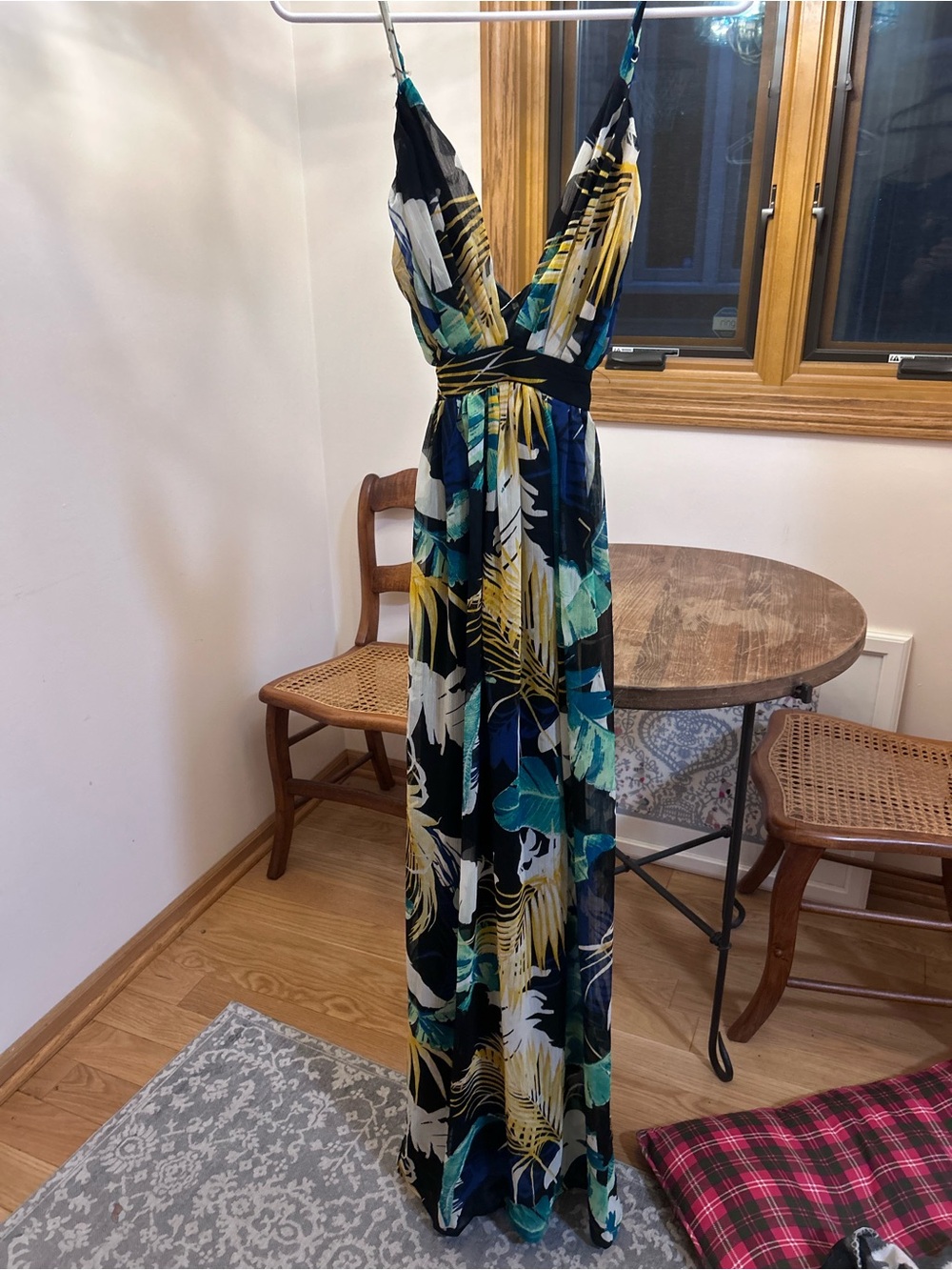 Haute Monde Sleeveless V-Neck Tropical Print Maxi Dress in Teal & Yellow
